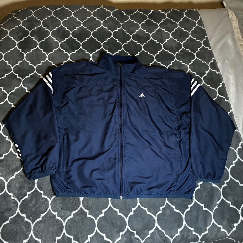 Adidas Mens XL Navy Blue Windbreaker Track Jacket Full Zip Mesh Lined 3 Stripe